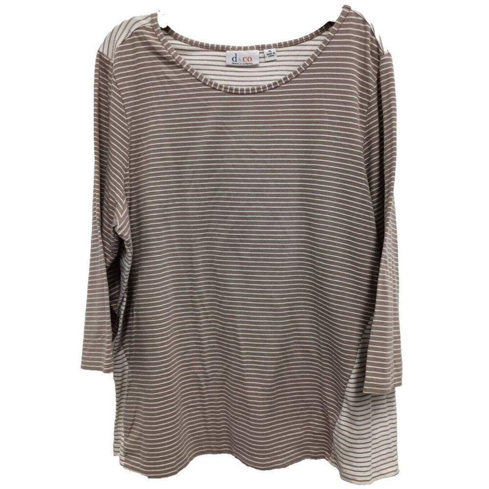 Denim&Co Womens Tunic Top XL Brown White Striped 3/4 Sleeve Neutral Minimalist